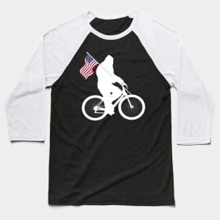 Bigfoot Riding BIke American Flag Baseball T-Shirt